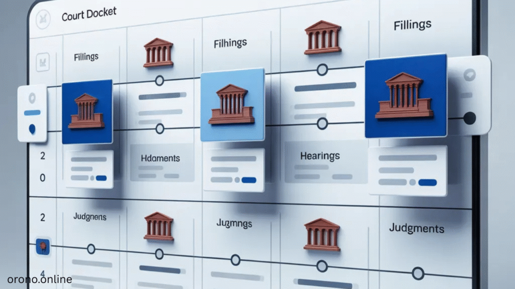 Court docket showing legal case progress, court actions