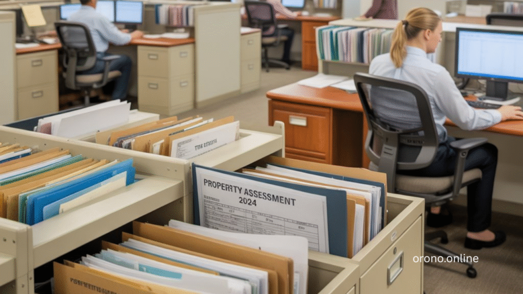 Public property tax records organized in a county office setting