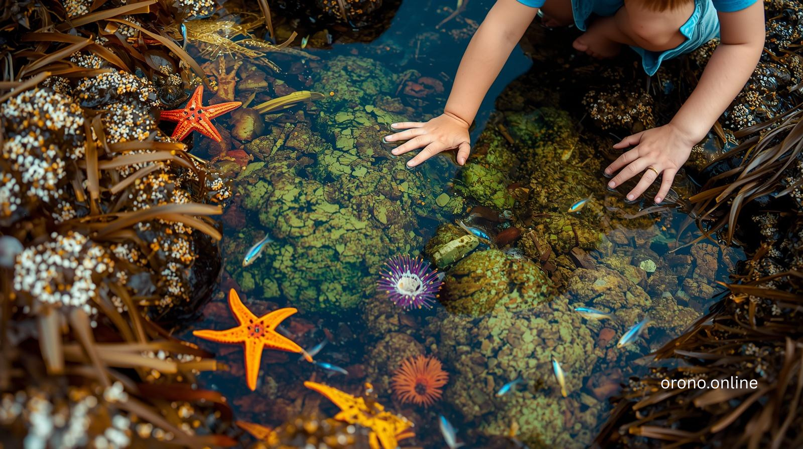 Children exploring colorful tidal pool at Casco Point Beach Maine with sea stars and marine life