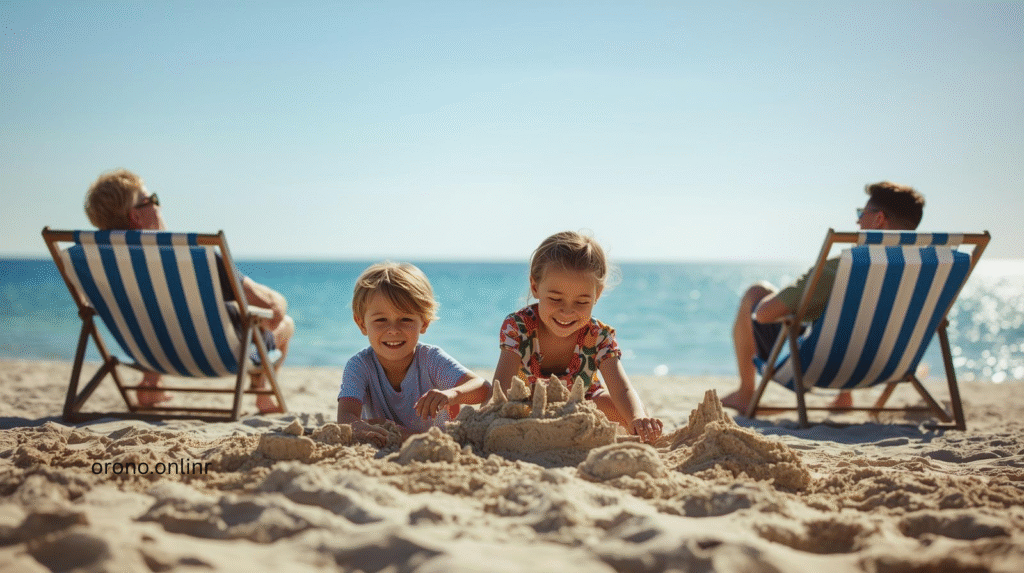 Summit Beach Park facilities including shaded picnic area, food vendors, and clean amenities with sandy beach access path