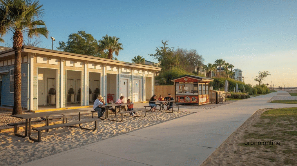 Summit Beach Park facilities including shaded picnic area, food vendors, and clean amenities with sandy beach access path