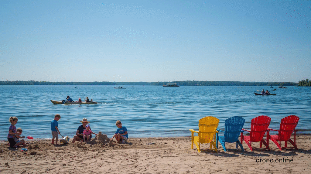Children and families enjoying activities at Deephaven Beach MN on Lake Minnetonka