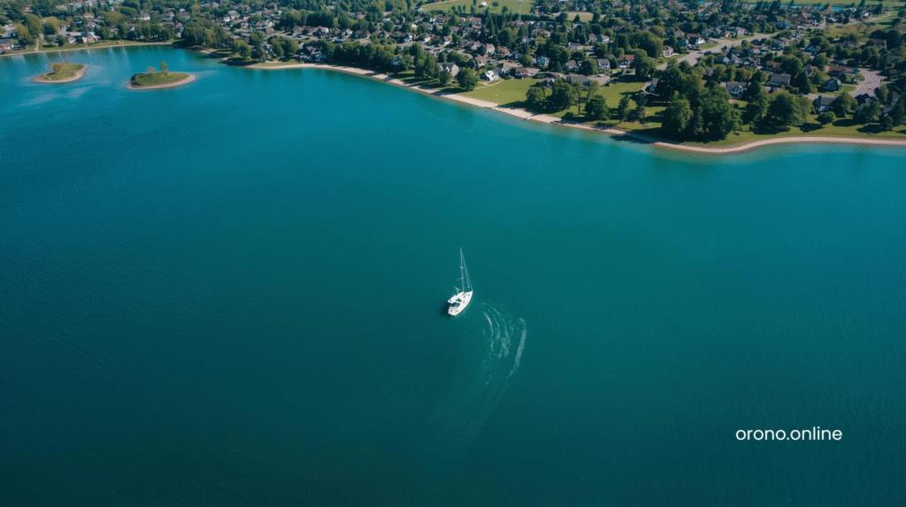 Lake Minnetonka aerial drone view showing turquoise water, sailboat, and sandy shoreline from above
