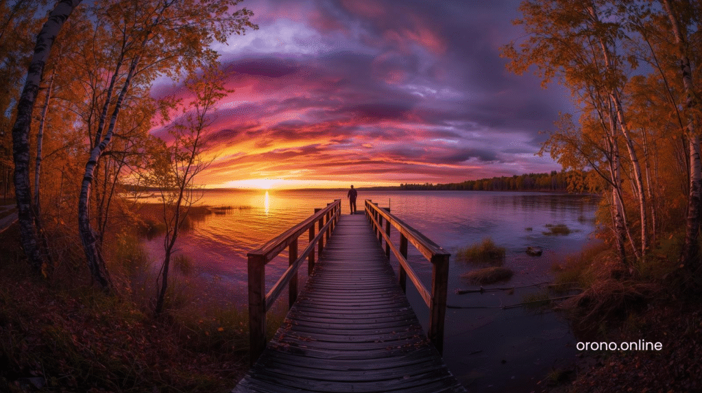 Minnesota lake access point at golden hour with autumn color reflection and silhouetted figure