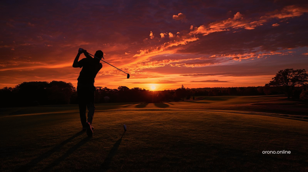 Silhouetted golfer at Orono Orchards Golf Course during dramatic orange and purple twilight sunset