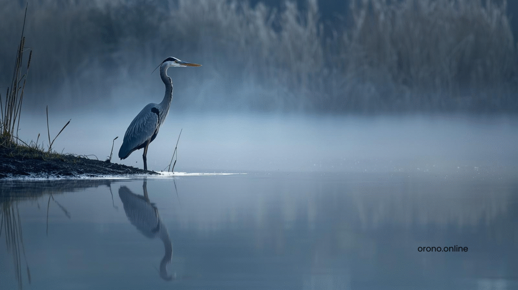 Great blue heron standing in still water at Maxwell Bay Lake Minnetonka at dawn
