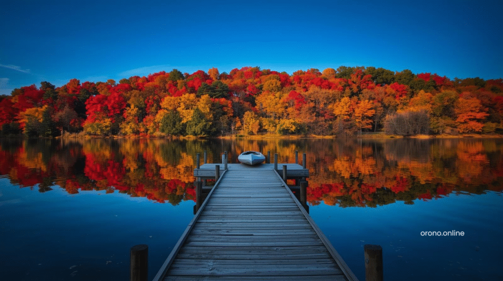  Maxwell Bay Boat Launch Lake Minnetonka autumn reflection with colorful trees and kayak on dock