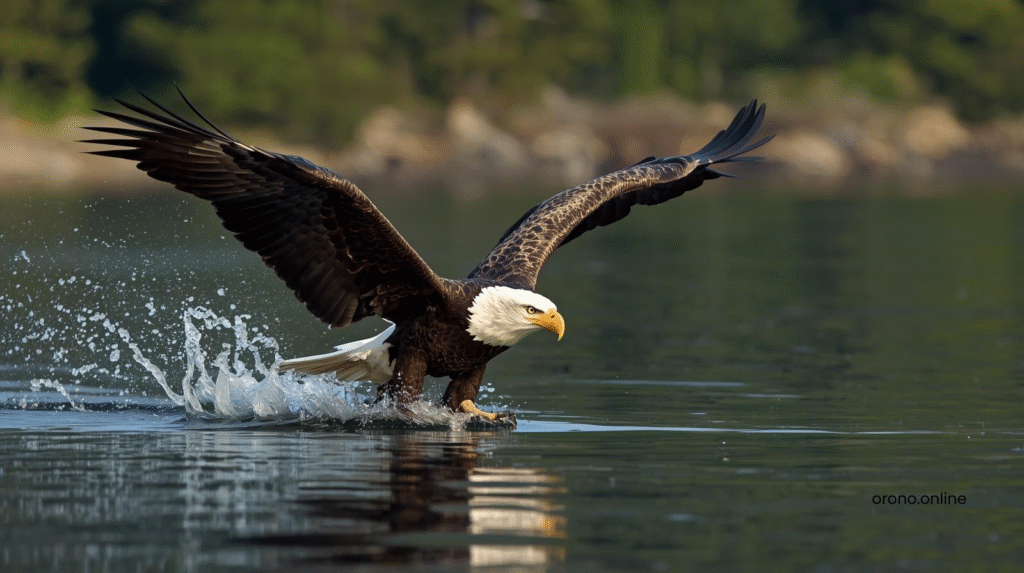 Bald eagle diving toward Lake Minnetonka water surface near North Arm Launch with talons extended