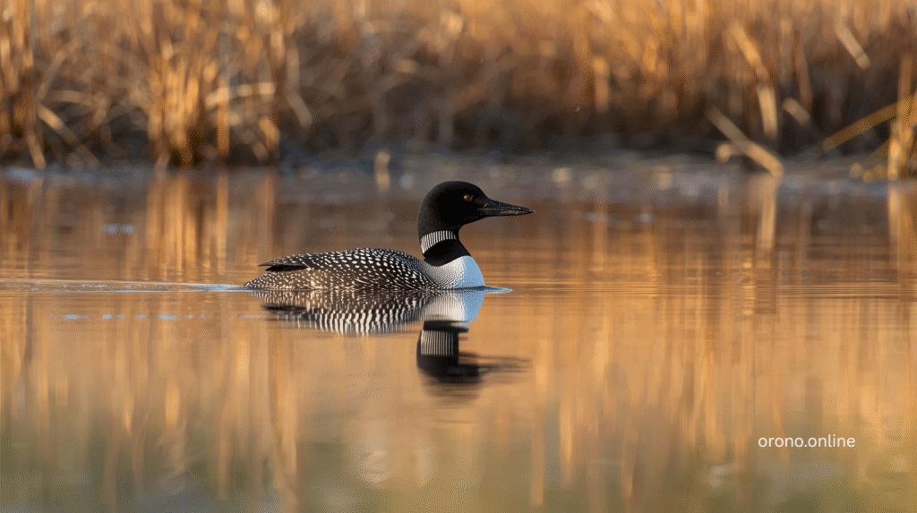 Common loon floating on calm Grays Bay Lake Minnetonka water with perfect reflection at golden hour