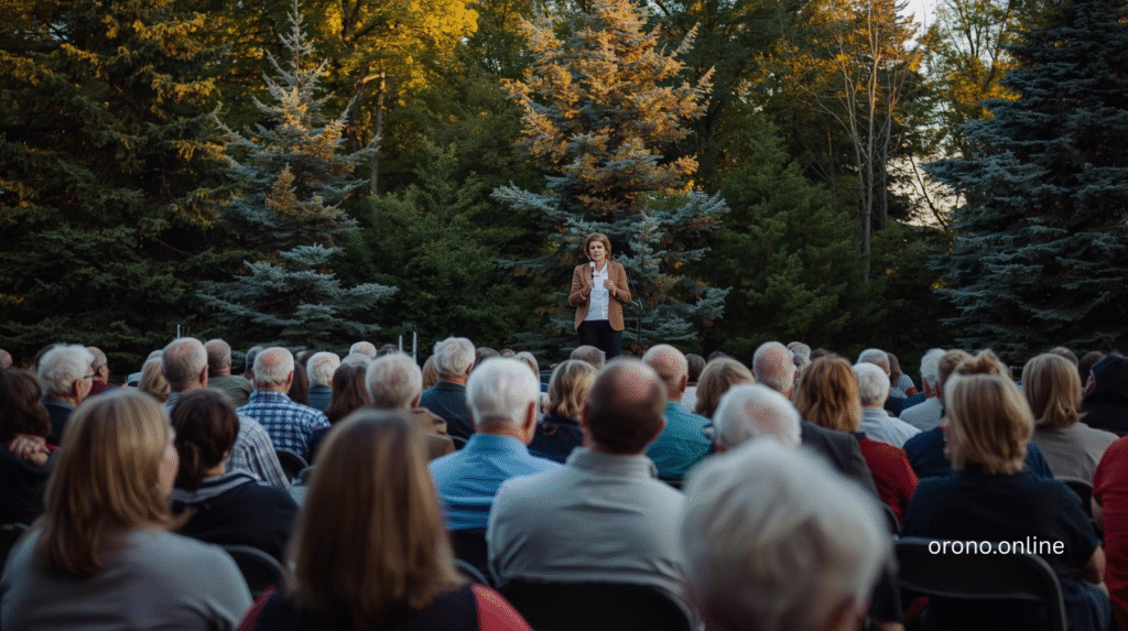 Orono Minnesota residents attending outdoor community town hall meeting with local election candidate speaking