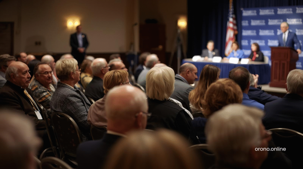  Orono Minnesota residents attending indoor mayoral candidate forum with candidates at panel table