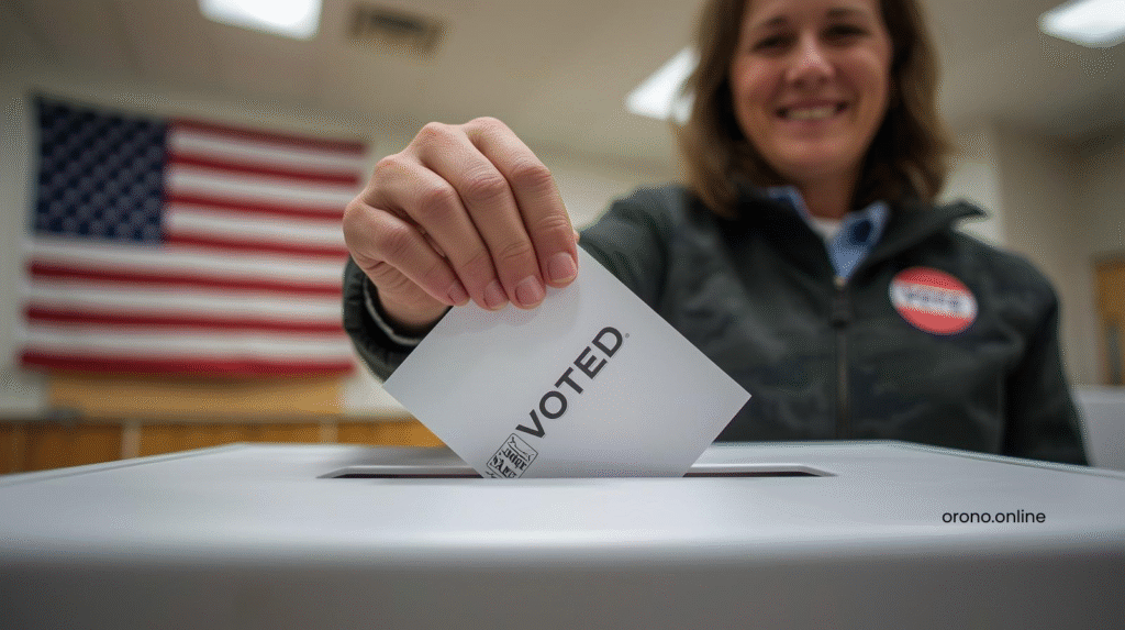 Smiling Orono Minnesota voter dropping completed ballot into official election box with I Voted sticker