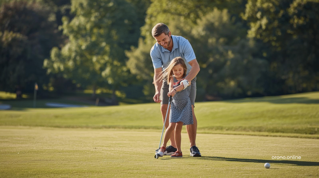 Father teaching daughter golf swing at Orono Orchards Golf Course on sunny summer fairway
