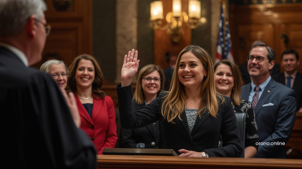 Newly elected Minnesota legislator being sworn into office after special election results certified in state capitol