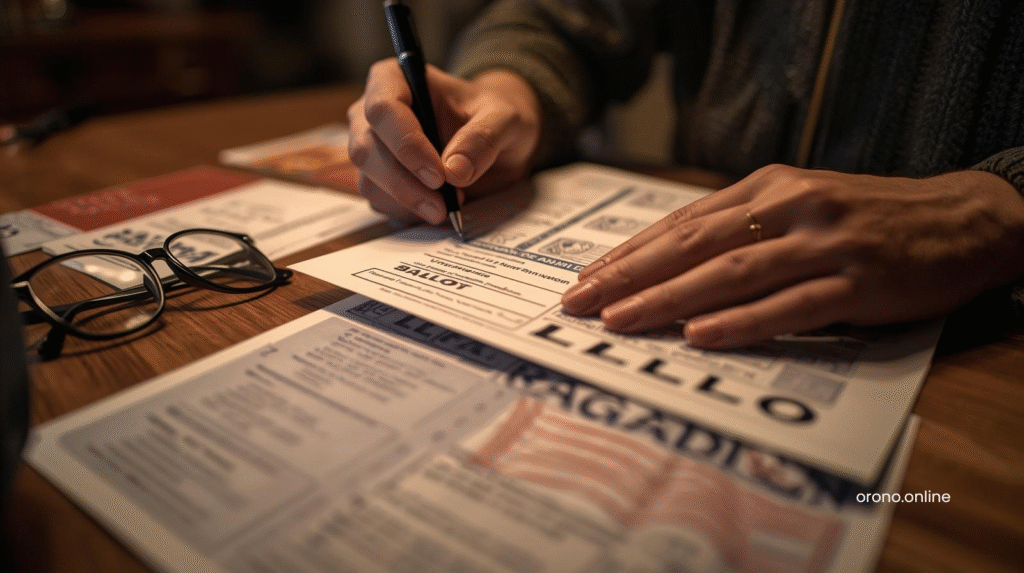  Minnesota voter signing absentee ballot envelope at home kitchen table with voter guide nearby
