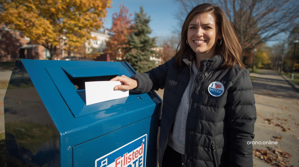 Smiling Minnesota voter dropping completed absentee ballot into official outdoor ballot drop box on autumn day