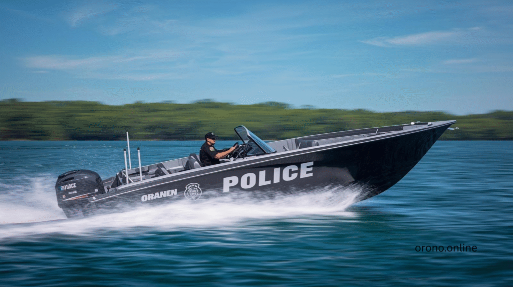 Orono Police Department waterway patrol boat on Lake Minnetonka on bright summer day with officer at helm