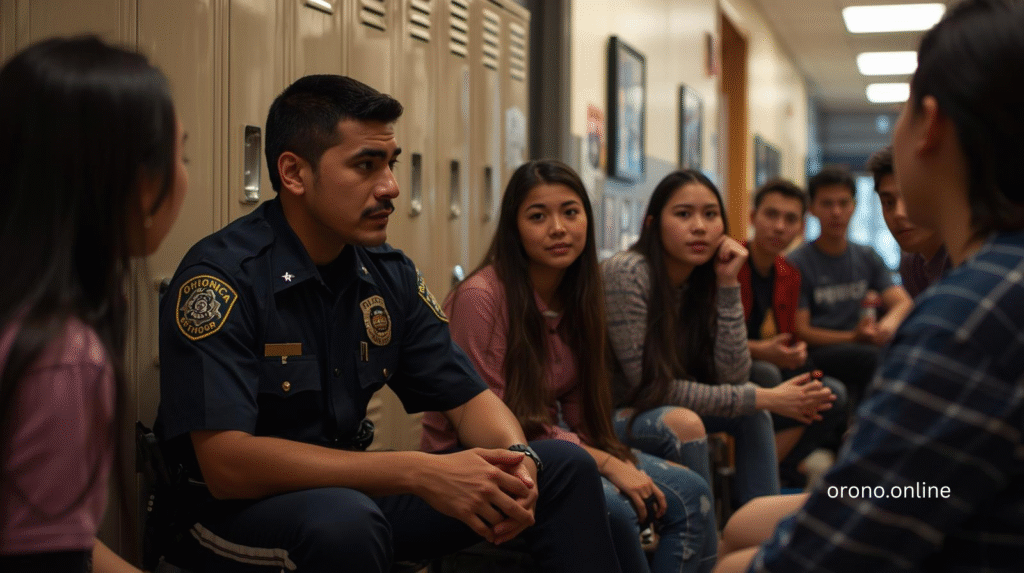 Orono Police Department school resource officer talking with students in school hallway building community trust