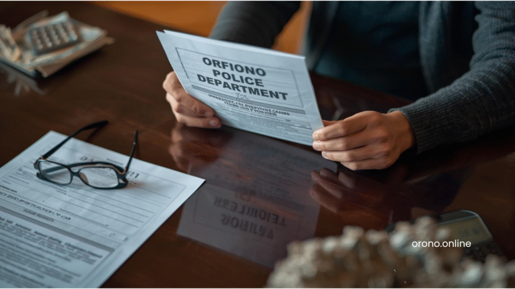 Minnesota resident reviewing official Orono Police Department incident report document beside insurance claim forms