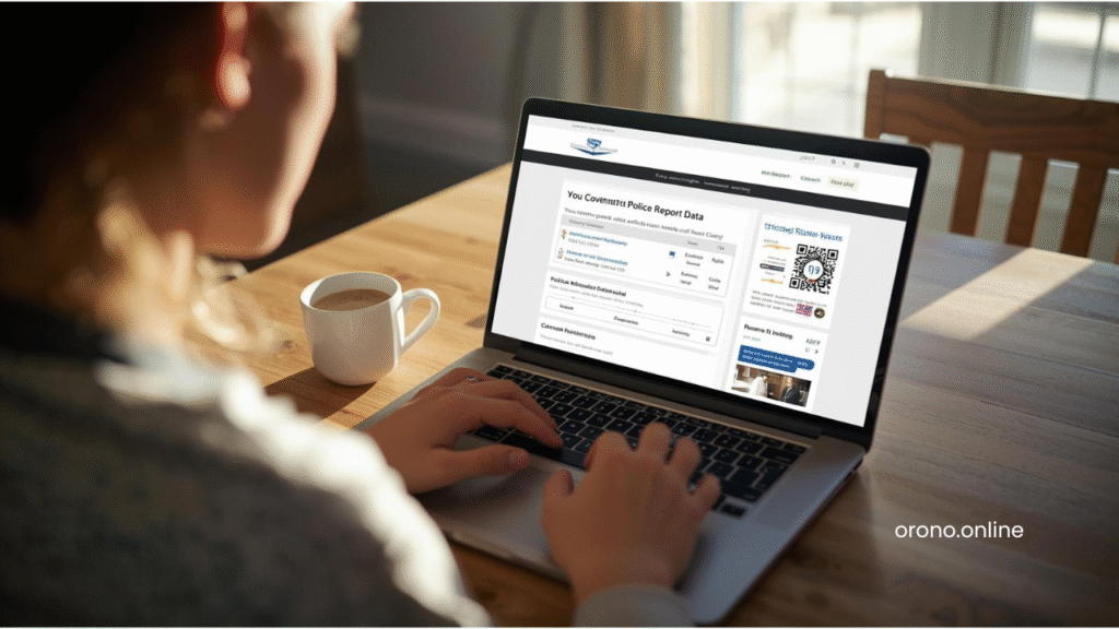 Orono Minnesota resident accessing police report data online through laptop at home kitchen table