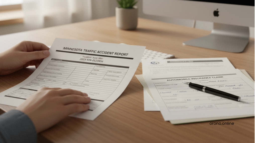 Person reviewing Orono accident report document alongside medical paperwork and insurance claim forms at desk