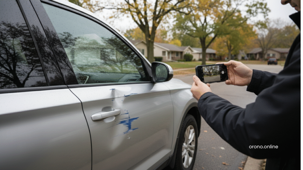 Orono Minnesota resident photographing hit and run vehicle damage on residential street for accident report
