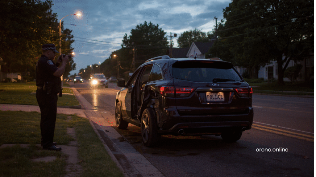 Minnesota police officer photographing hit and run vehicle damage at dusk for official traffic accident report