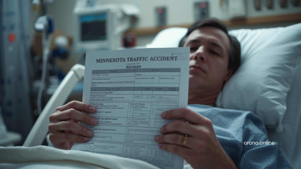 Minnesota accident victim reviewing official traffic accident report document at hospital emergency department