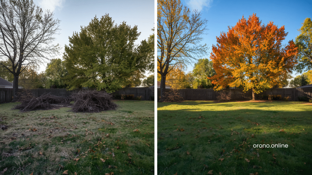 Orono Minnesota backyard before and after yard waste removal showing clean property transformation in autumn