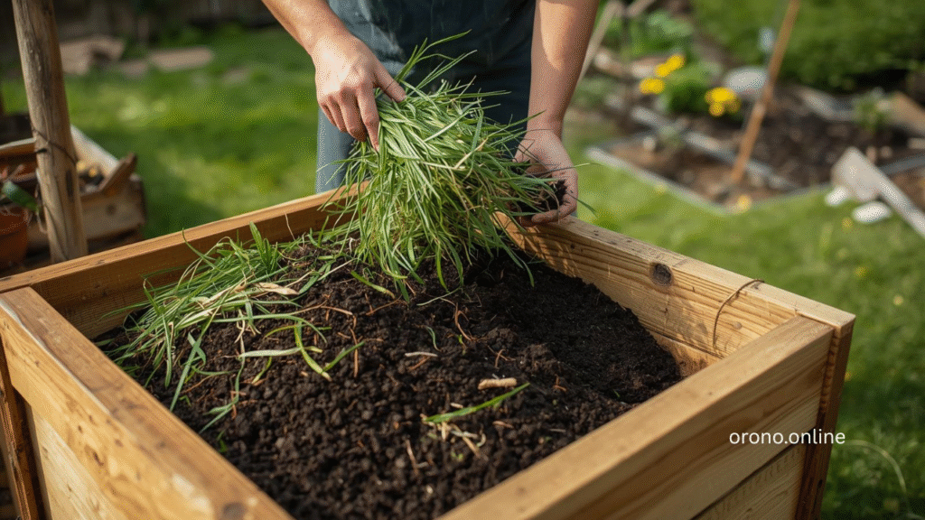 Minnesota homeowner adding grass clippings and garden waste to backyard compost bin with finished compost visible