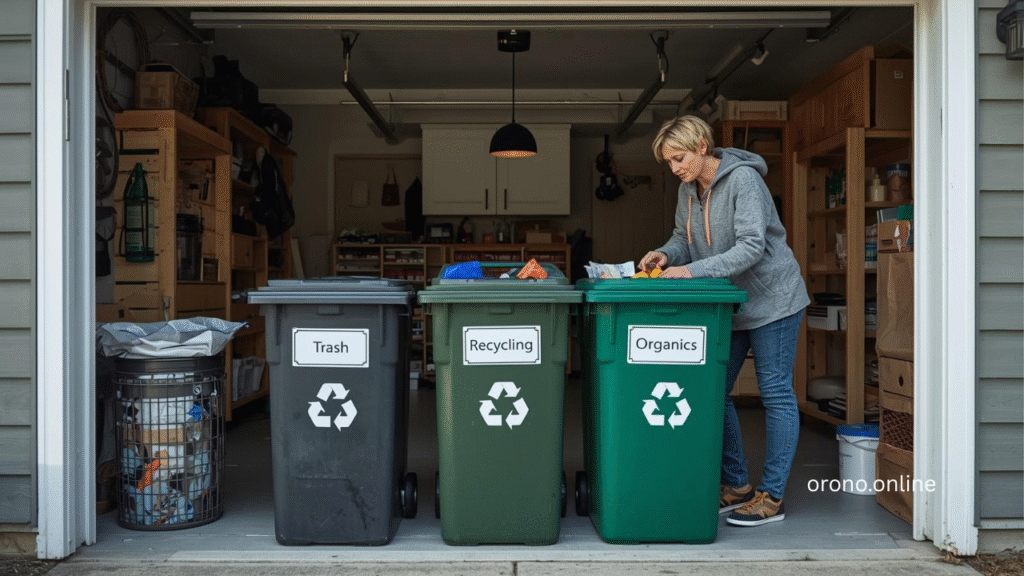 Orono Minnesota homeowner sorting household waste into separate recycling organics and trash bins beside garage