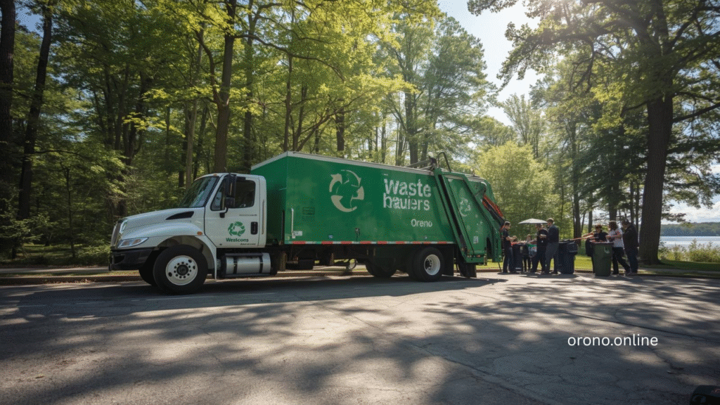  Waste Haulers Orono truck at community recycling event with Lake Minnetonka visible and residents participating