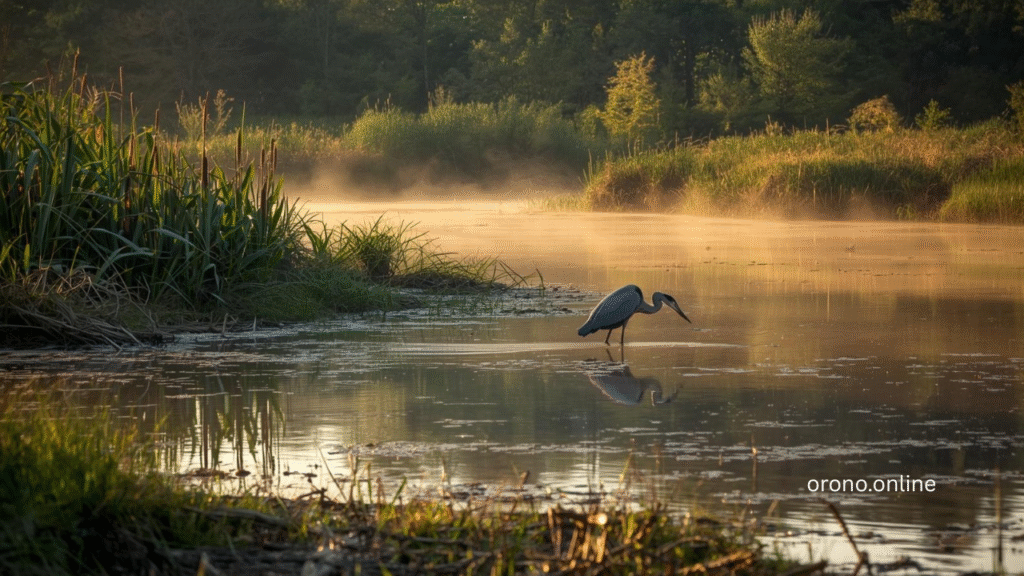 Orono Minnesota wetland preserve at golden morning with great blue heron wading and Lake Minnetonka in background