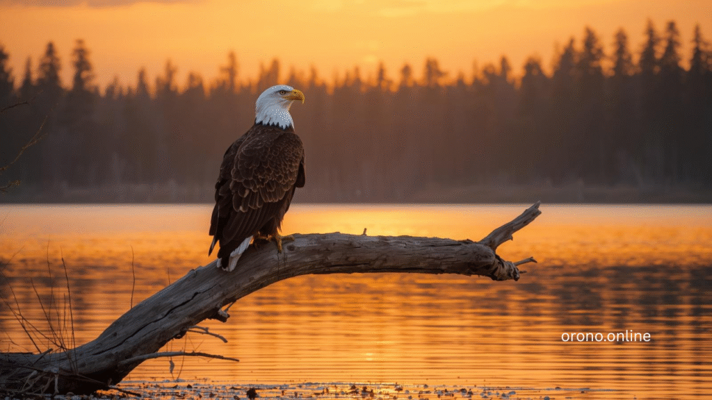 Bald eagle perched over Lake Minnetonka in Orono Parks and Recreation natural area at golden hour