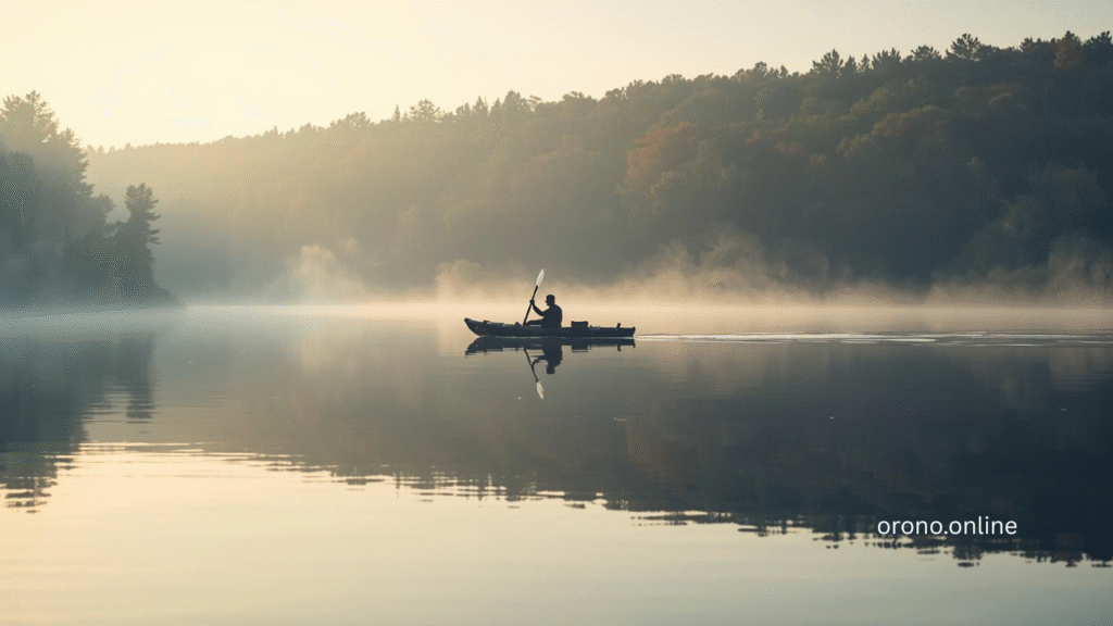 Kayaker gliding across mirror-flat Lake Minnetonka at dawn launched from Orono Parks and Recreation access point