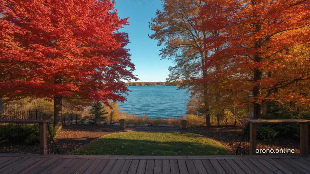 Orono Minnesota home backyard view toward Lake Minnetonka through stunning autumn red and orange trees