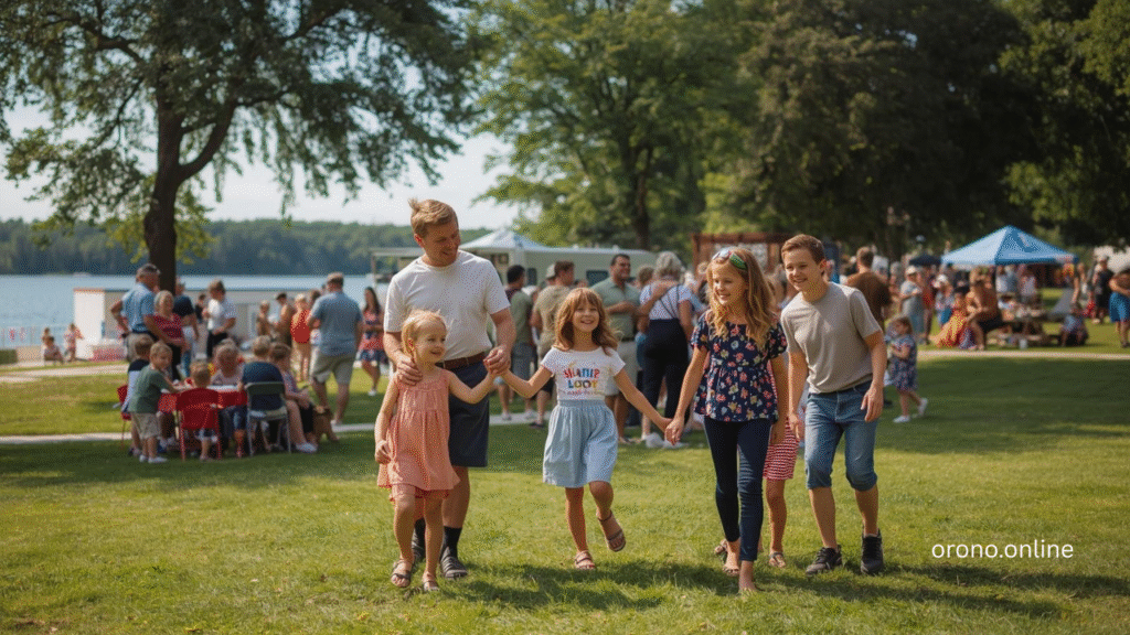 Orono Minnesota families enjoying summer community event in park with Lake Minnetonka visible in background