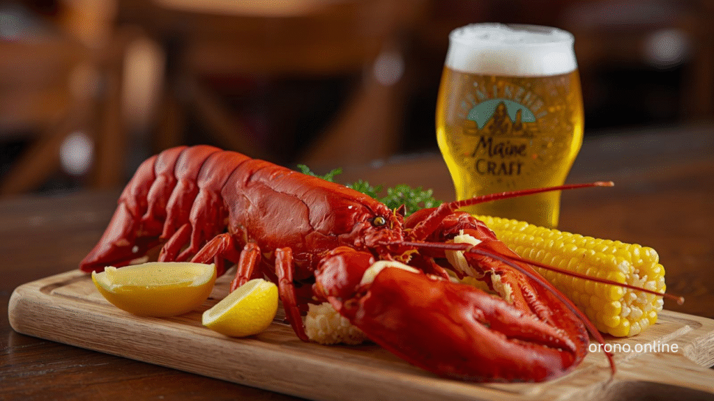 Classic Maine lobster dinner at Orono Maine restaurant with drawn butter corn and local craft beer on wooden board