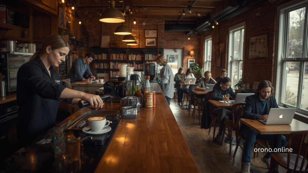 Cozy Orono Maine cafe interior with barista making latte art and University of Maine students studying at tables