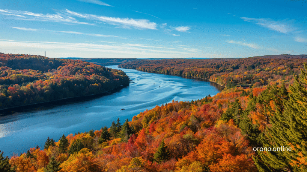 Penobscot River valley viewed from near Orono Maine hotels showing brilliant autumn forest colors and calm water