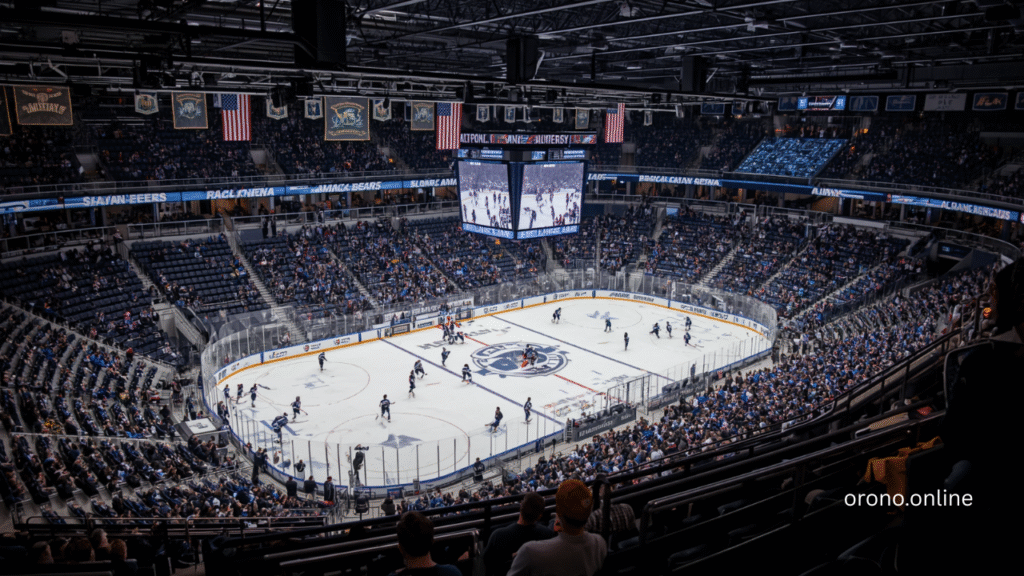 Packed University of Maine Alfond Arena hockey game near Orono Maine hotels with Black Bears fans filling the stands